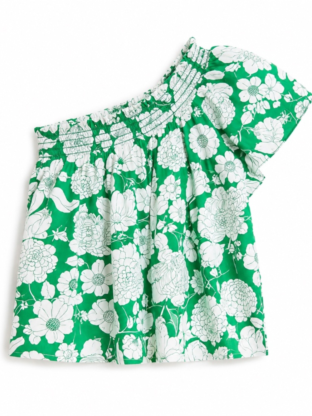 **J.Crew Smocked One-Shoulder Top in Kelly Floral Green White M 6 8 10